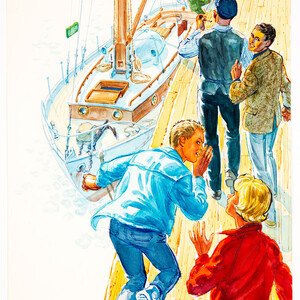 4 mensen lopen naar boot toe - Gerard van Straaten