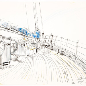 Aan boord op een schip met blauw zeil - Gerard van Straaten